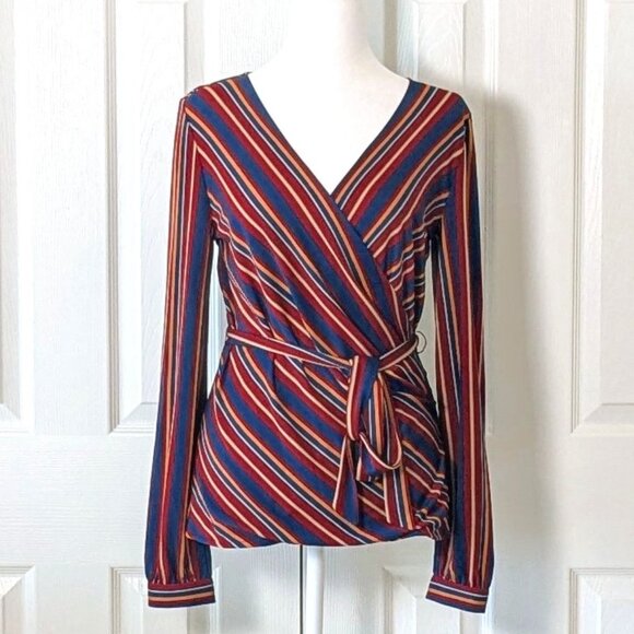 ANN TAYLOR Women's Long Sleeve V-Neck Blouse Top Size S Multi Stripe - Picture 1 of 7